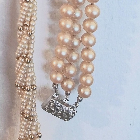 VINTAGE Triple Strand Glass PEARL BRACELET 800 Pure Silver w Crystals Diamonds - Picture 6 of 7